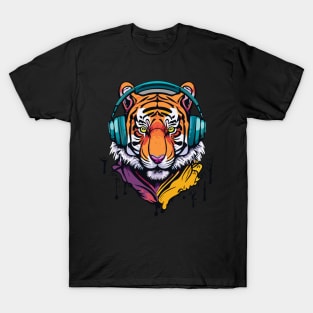 t-shirt design, colorful tiger with headphones on, graffiti art T-Shirt